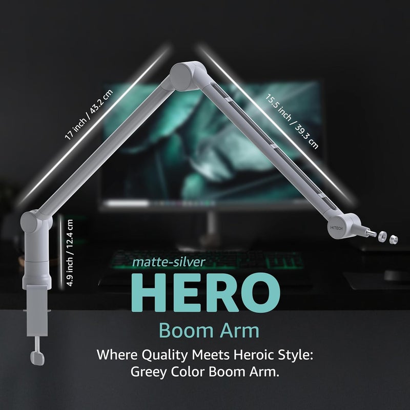 i-XTECH Boom Arm - Adjustable 360° Rotatable Microphone Sturdy Stainless Steel Mic Desk, Table Stand Foldable Scissor Stable Mount Arms for Radio Studio, Podcast, Gaming (MATTE SILVER) - Image 1